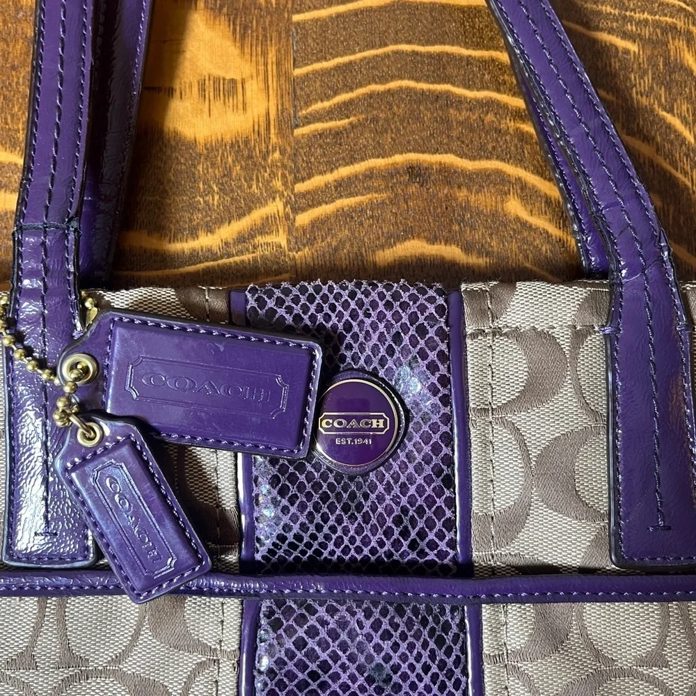 Coach Signature Canvas Small Tote with Purple Snakeskin accents